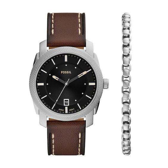 Menâs Fossil Machine Brown Leather Strap Watch with Black Sunray Dial and Chain Bracelet Box Set (Model: Fs6081Set)