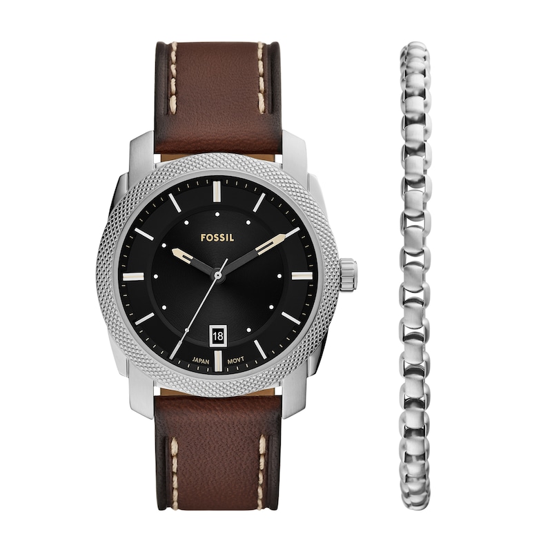 Main Image 1 of Men’s Fossil Machine Brown Leather Strap Watch with Black Sunray Dial and Chain Bracelet Box Set (Model: FS6081SET)