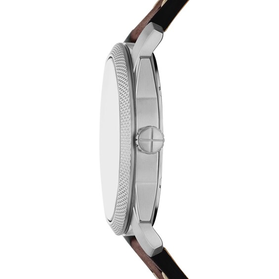 Menâs Fossil Machine Brown Leather Strap Watch with Black Sunray Dial and Chain Bracelet Box Set (Model: Fs6081Set)