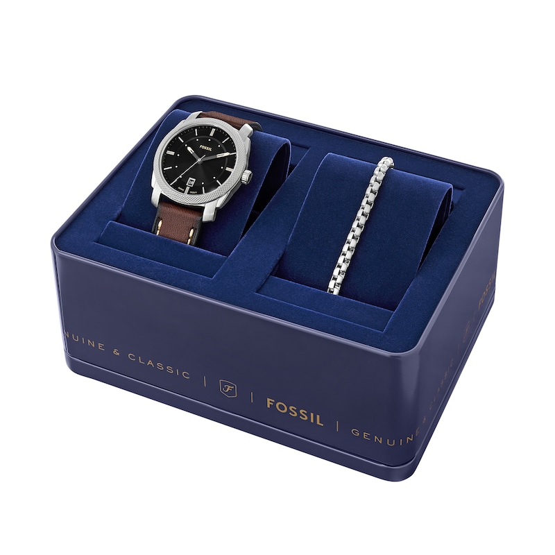 Main Image 4 of Men’s Fossil Machine Brown Leather Strap Watch with Black Sunray Dial and Chain Bracelet Box Set (Model: FS6081SET)