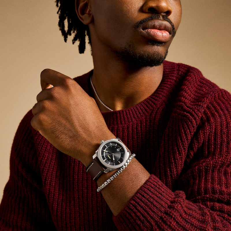 Main Image 6 of Men’s Fossil Machine Brown Leather Strap Watch with Black Sunray Dial and Chain Bracelet Box Set (Model: FS6081SET)