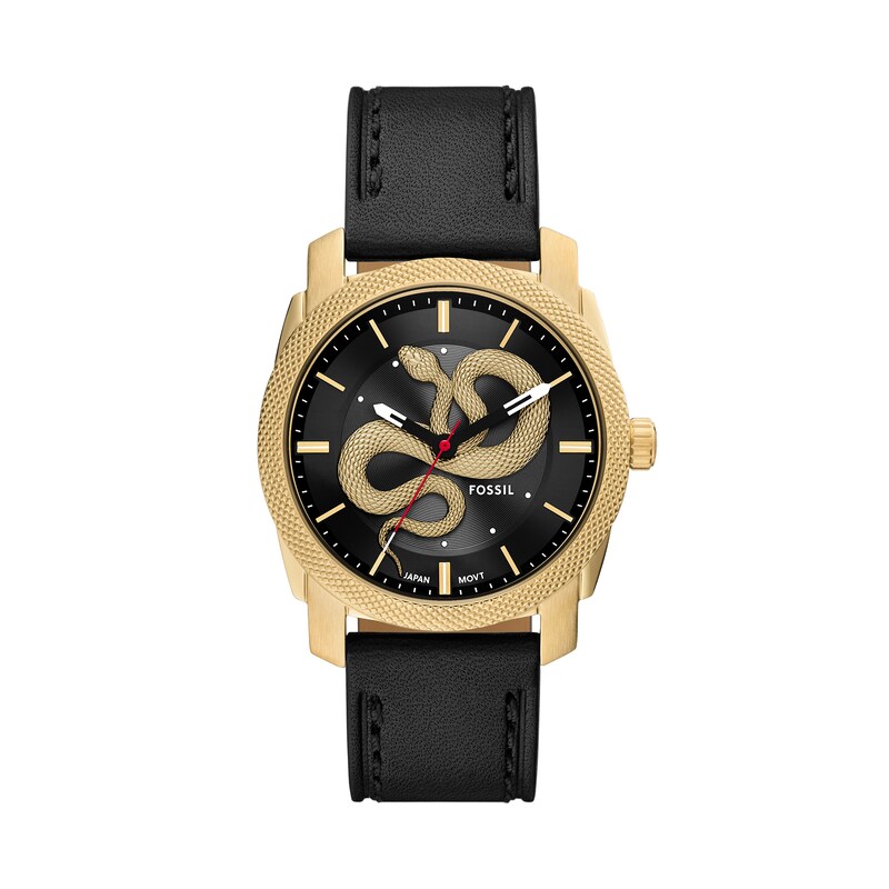 Main Image 1 of Men’s Fossil Machine Gold-Tone IP Black Leather Strap Watch with Black Sunray Snake Dial (Model: FS6082)