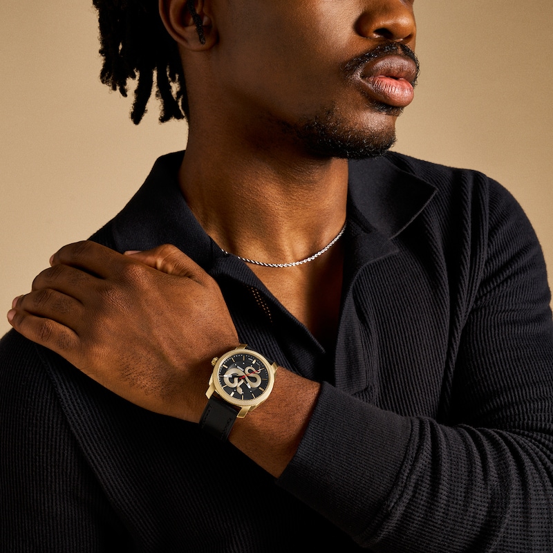 Main Image 5 of Men’s Fossil Machine Gold-Tone IP Black Leather Strap Watch with Black Sunray Snake Dial (Model: FS6082)