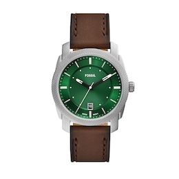 Men’s Fossil Machine Brown Leather Strap Watch with Green Dial (Model: FS6085)