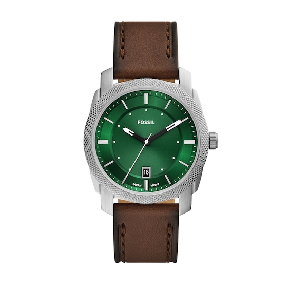 Menâs Fossil Machine Brown Leather Strap Watch with Green Dial (Model: Fs6085)