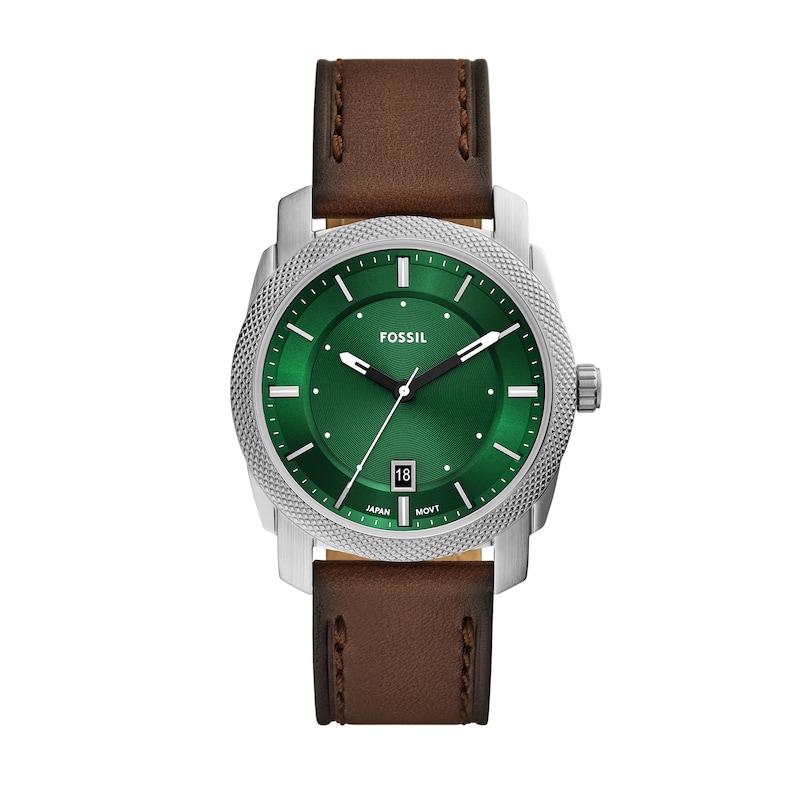 Main Image 1 of Men’s Fossil Machine Brown Leather Strap Watch with Green Dial (Model: FS6085)