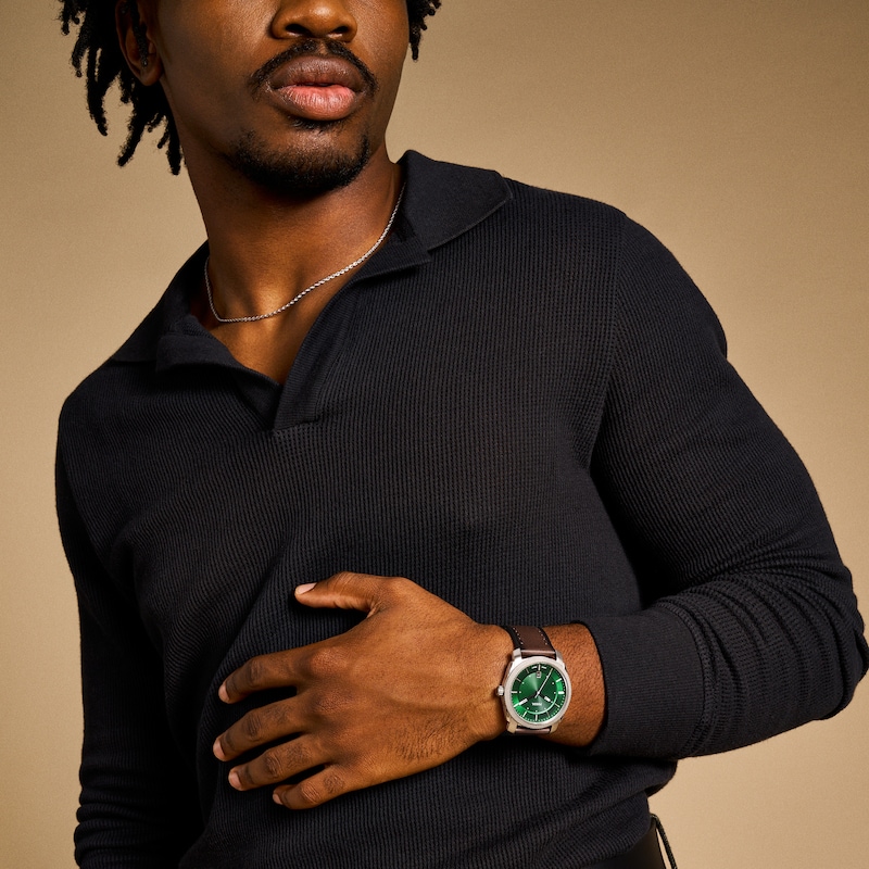 Main Image 4 of Men’s Fossil Machine Brown Leather Strap Watch with Green Dial (Model: FS6085)