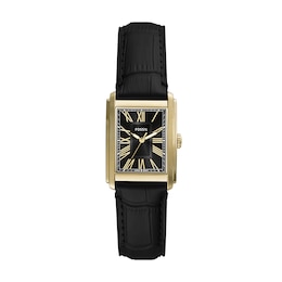 Men’s Fossil Carraway Gold-Tone IP Black Leather Strap Watch with Rectangular Black Sunray Dial (Model: FS6091)