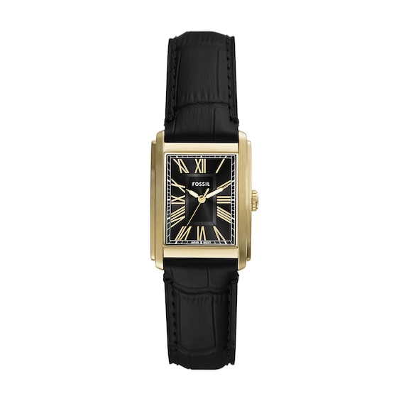 Menâs Fossil Carraway Gold-Tone IP Black Leather Strap Watch with Rectangular Black Sunray Dial (Model: Fs6091)