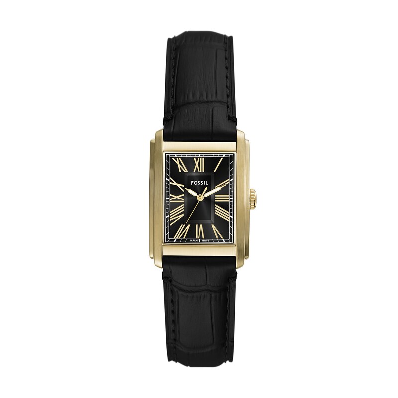 Main Image 1 of Men’s Fossil Carraway Gold-Tone IP Black Leather Strap Watch with Rectangular Black Sunray Dial (Model: FS6091)