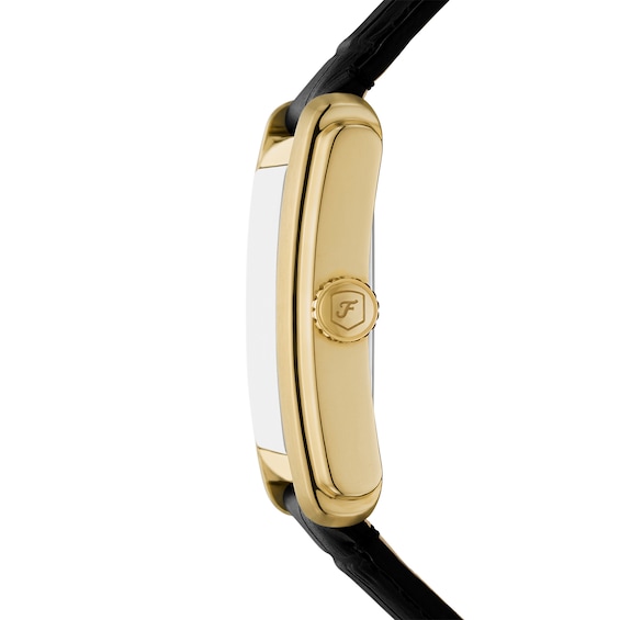 Menâs Fossil Carraway Gold-Tone IP Black Leather Strap Watch with Rectangular Black Sunray Dial (Model: Fs6091)