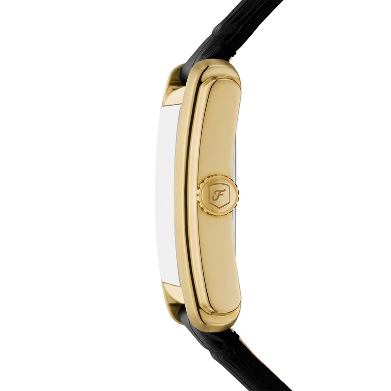 Main Image 3 of Men’s Fossil Carraway Gold-Tone IP Black Leather Strap Watch with Rectangular Black Sunray Dial (Model: FS6091)