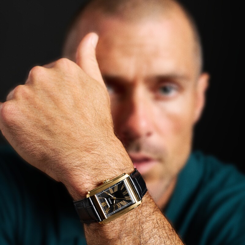 Main Image 4 of Men’s Fossil Carraway Gold-Tone IP Black Leather Strap Watch with Rectangular Black Sunray Dial (Model: FS6091)