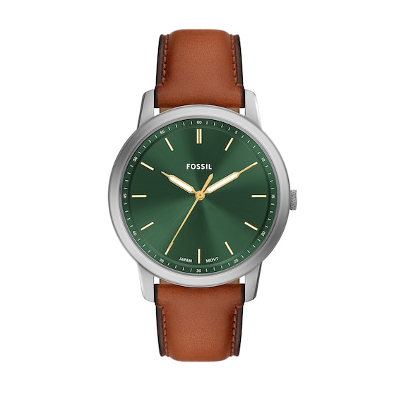 Menâs Fossil Minimalist Brown Leather Strap Watch with Sunray Green Dial (Model: Fs6094)
