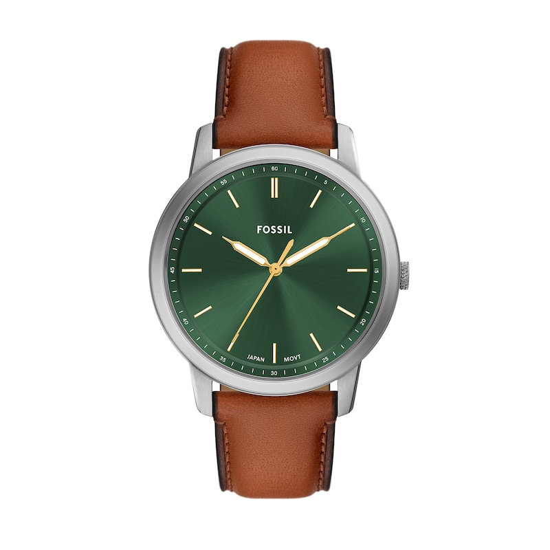 Main Image 1 of Men’s Fossil Minimalist Brown Leather Strap Watch with Sunray Green Dial (Model: FS6094)
