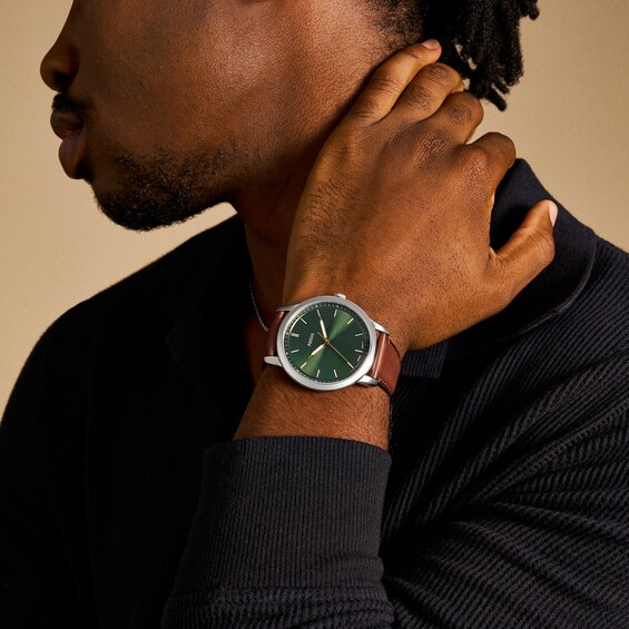 Menâs Fossil Minimalist Brown Leather Strap Watch with Sunray Green Dial (Model: Fs6094)