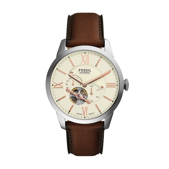 Menâs Fossil Townsman Brown Leather Strap Chronograph Automatic Watch with Ivory Dial (Model: Me3266)