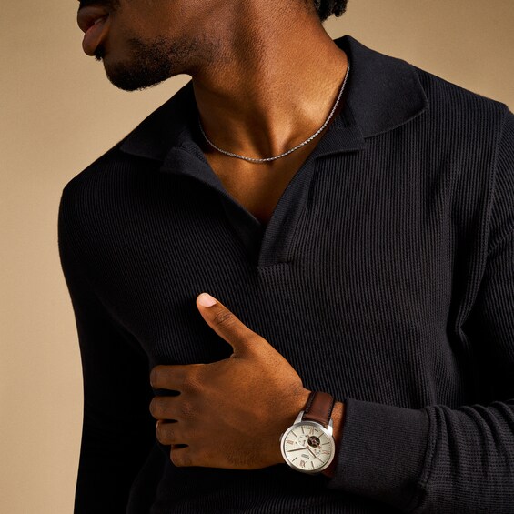 Menâs Fossil Townsman Brown Leather Strap Chronograph Automatic Watch with Ivory Dial (Model: Me3266)