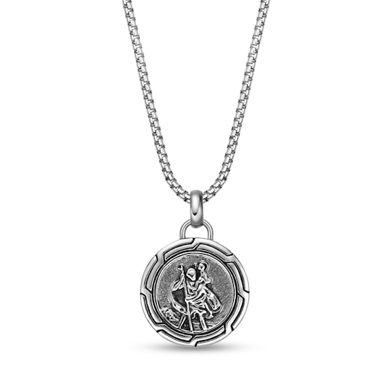 Oxidized Saint Christopher Medal Pendant in Stainless Steel and Black Ion Plate - 24"