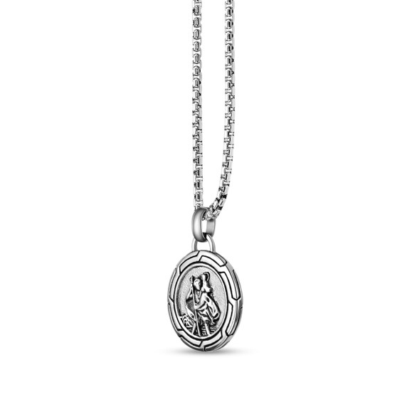 Oxidized Saint Christopher Medal Pendant in Stainless Steel and Black Ion Plate - 24"