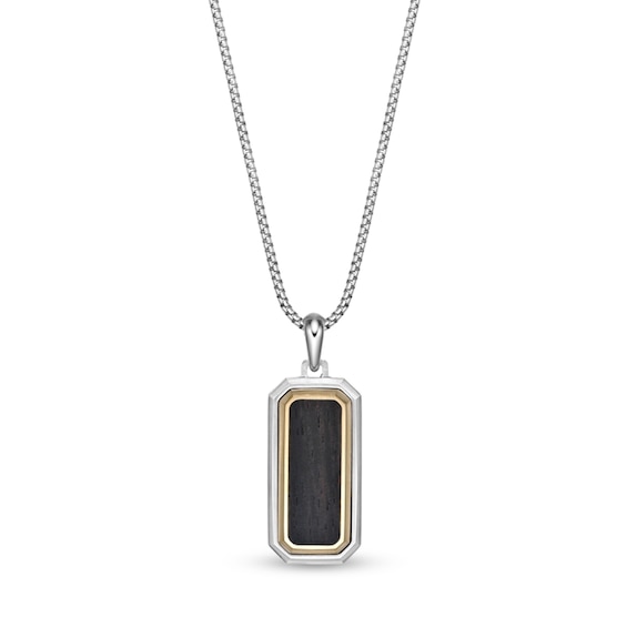 Ebony Wood Dog Tag Pendant in Stainless Steel and Yellow Ion Plate - 24"