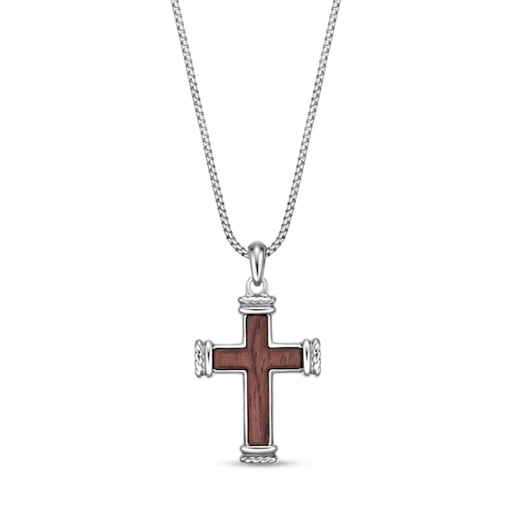 Bubinga Wood Cross Pendant in Stainless Steel - 24"