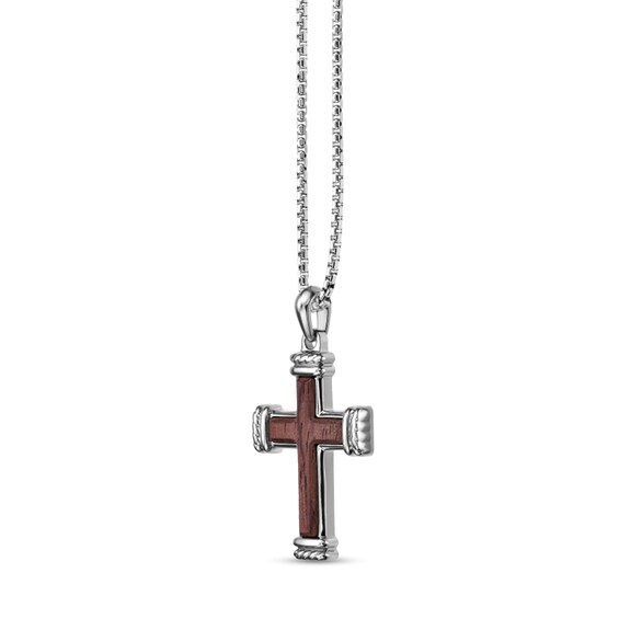 Bubinga Wood Cross Pendant in Stainless Steel - 24"