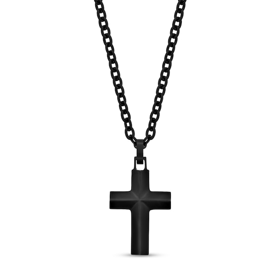 Sculpted Cross Pendant in Stainless Steel with Black Ion Plate - 22"