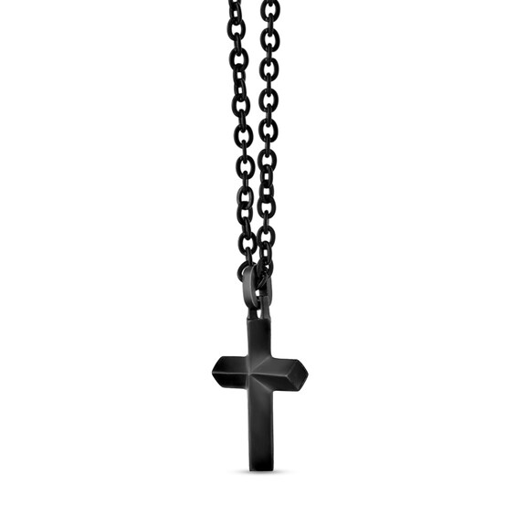 Sculpted Cross Pendant in Stainless Steel with Black Ion Plate - 22"