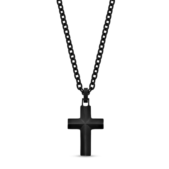 Sculpted Cross Pendant in Stainless Steel with Black Ion Plate - 22"
