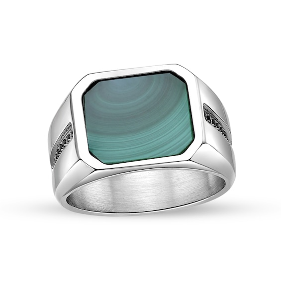 Octagon-Shaped Green Malachite with Black Spinel Signet Ring in Stainless Steel