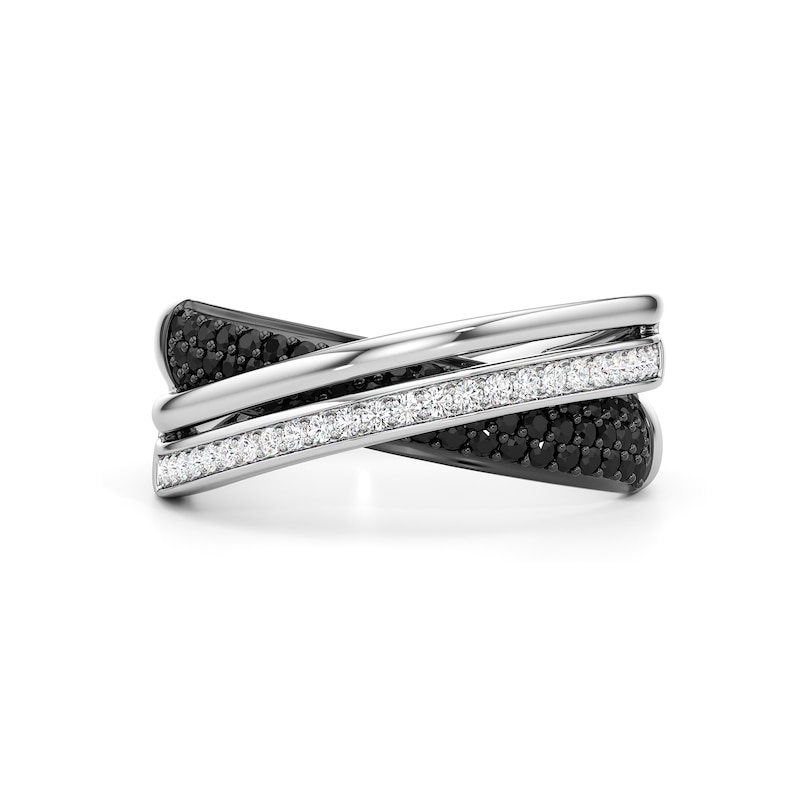 Main Image 1 of 1/6 CT. T.W. Black and White Diamond Triple Row Crossover Ring in Sterling Silver