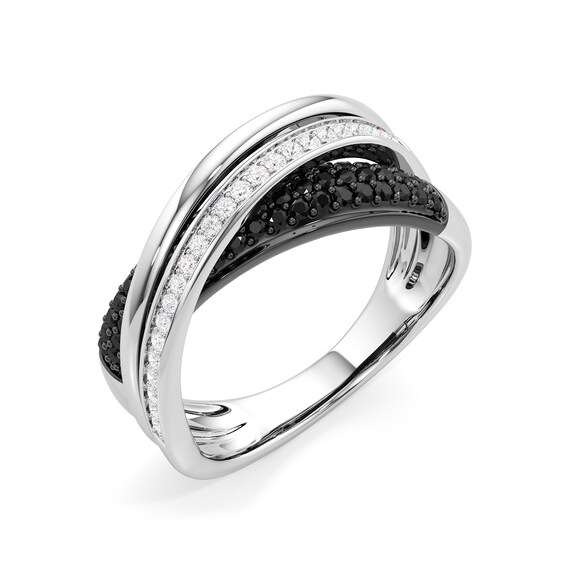 1/6 CT. T.w. Black and White Diamond Triple Row Crossover Ring in Sterling Silver