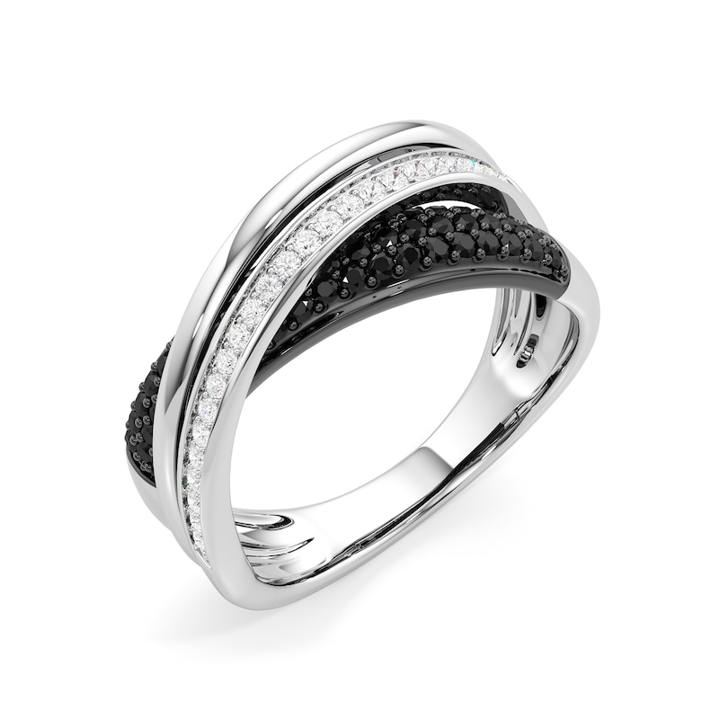 Main Image 2 of 1/6 CT. T.W. Black and White Diamond Triple Row Crossover Ring in Sterling Silver