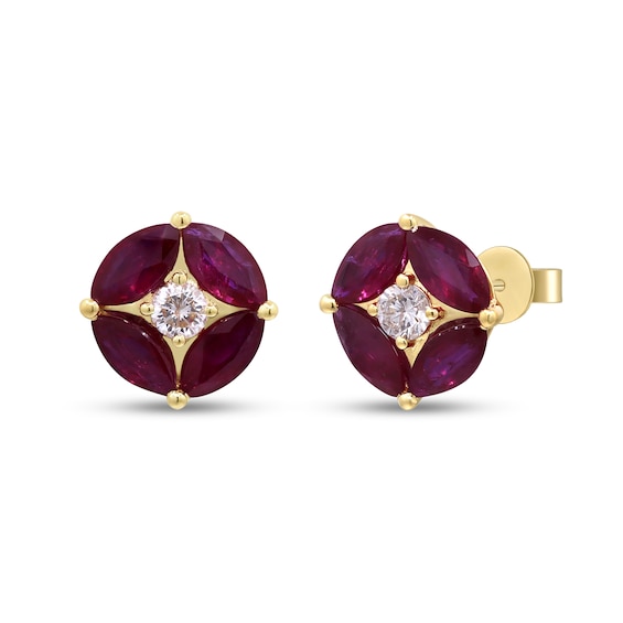 Marquise-Cut Certified Ruby and 1/5 CT. T.w. Diamond Petal Stud Earrings in 10K Gold