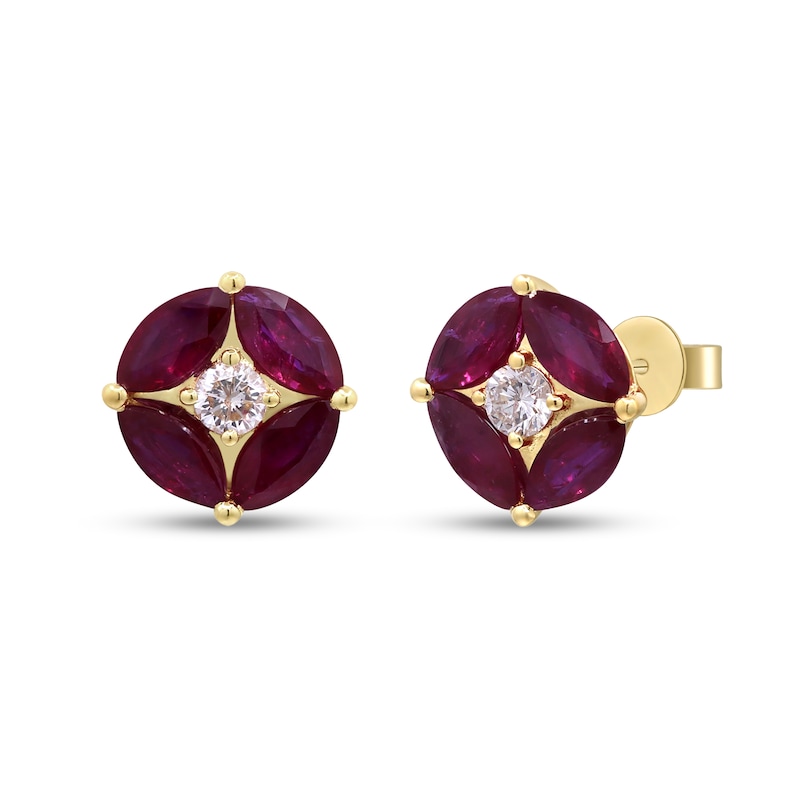Main Image 1 of Marquise-Cut Certified Ruby and 1/5 CT. T.W. Diamond Petal Stud Earrings in 10K Gold