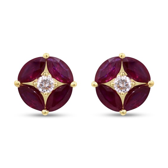 Marquise-Cut Certified Ruby and 1/5 CT. T.w. Diamond Petal Stud Earrings in 10K Gold