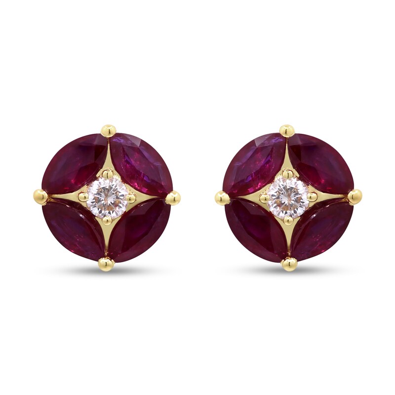 Main Image 2 of Marquise-Cut Certified Ruby and 1/5 CT. T.W. Diamond Petal Stud Earrings in 10K Gold
