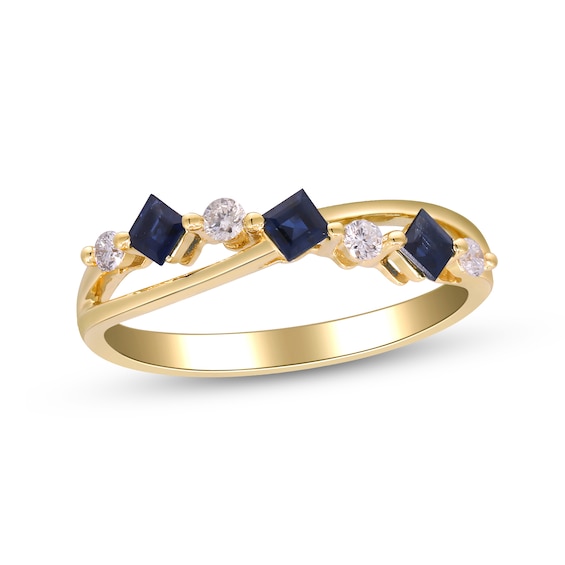 Princess-Cut Blue Sapphire and 1/8 CT. T.w. Diamond Crossover Ring in 10K Gold