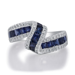 Princess-Cut Blue Sapphire and 3/8 CT. T.W. Diamond Edge Bypass Ribbon Ring in 10K White Gold