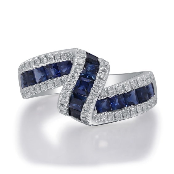 Princess-Cut Blue Sapphire and 3/8 CT. T.w. Diamond Edge Bypass Ribbon Ring in 10K White Gold
