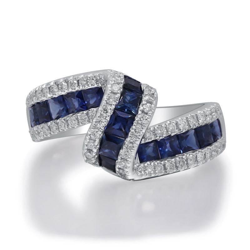 Main Image 1 of Princess-Cut Blue Sapphire and 3/8 CT. T.W. Diamond Edge Bypass Ribbon Ring in 10K White Gold