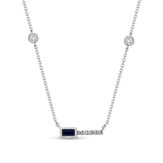 Baguette-Cut Blue Sapphire and 1/15 CT. T.w. Diamond Bar Station Necklace in 10K White Gold