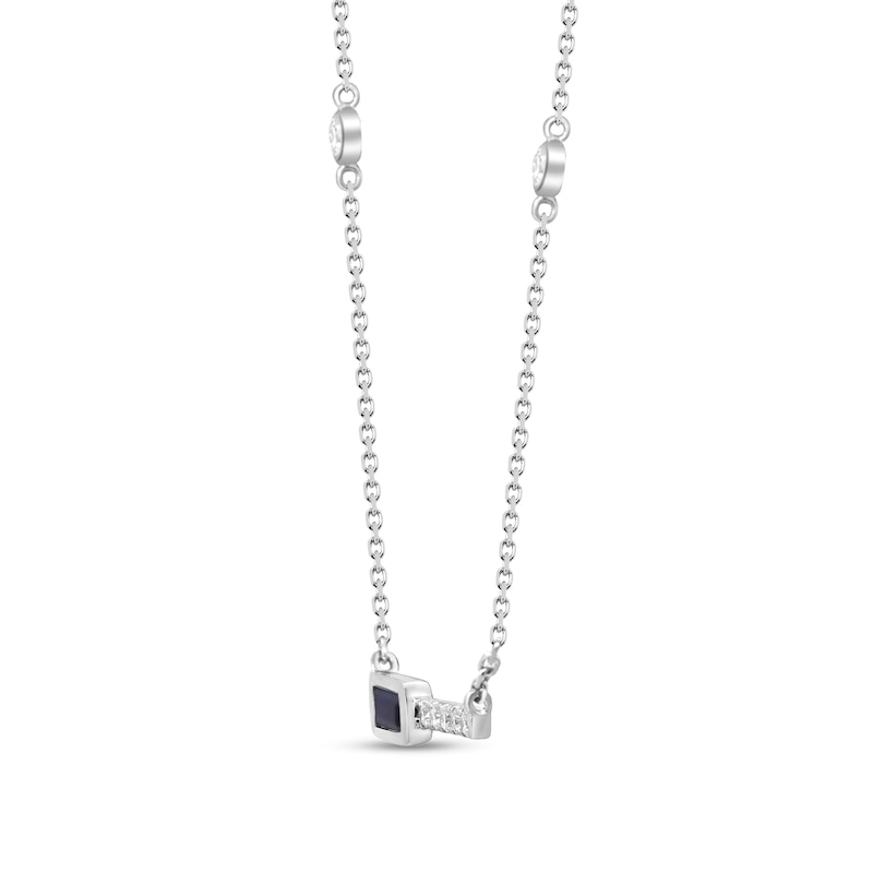 Main Image 2 of Baguette-Cut Blue Sapphire and 1/15 CT. T.W. Diamond Bar Station Necklace in 10K White Gold