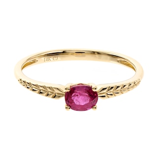 Sideways Oval Certified Ruby Solitaire Textured Shank Ring in 14K Gold
