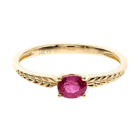 Sideways Oval Certified Ruby Solitaire Textured Shank Ring in 14K Gold