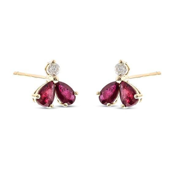 Pear-Shaped Certified Ruby and 1/10 CT. T.w. Diamond Three Stone Stud Earrings in 10K Gold