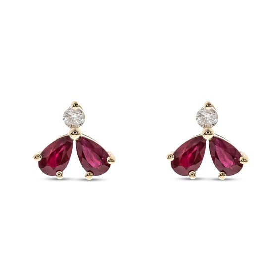 Pear-Shaped Certified Ruby and 1/10 CT. T.w. Diamond Three Stone Stud Earrings in 10K Gold