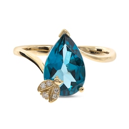 Pear-Shaped London Blue Topaz and Diamond Accent Ladybug Bypass Shank Ring in 14K Gold