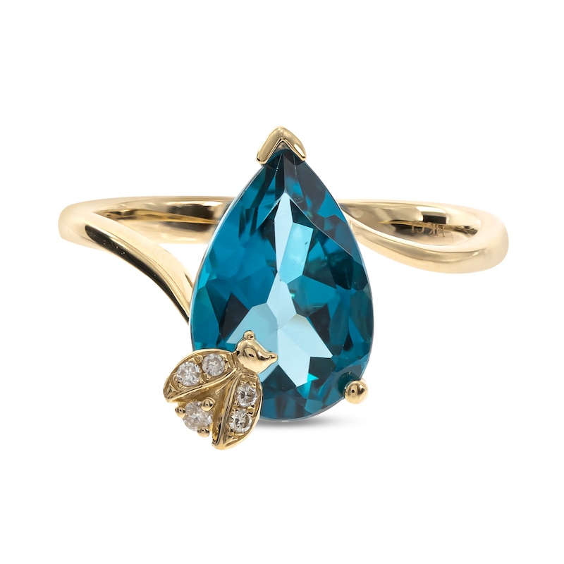 Main Image 1 of Pear-Shaped London Blue Topaz and Diamond Accent Ladybug Bypass Shank Ring in 14K Gold